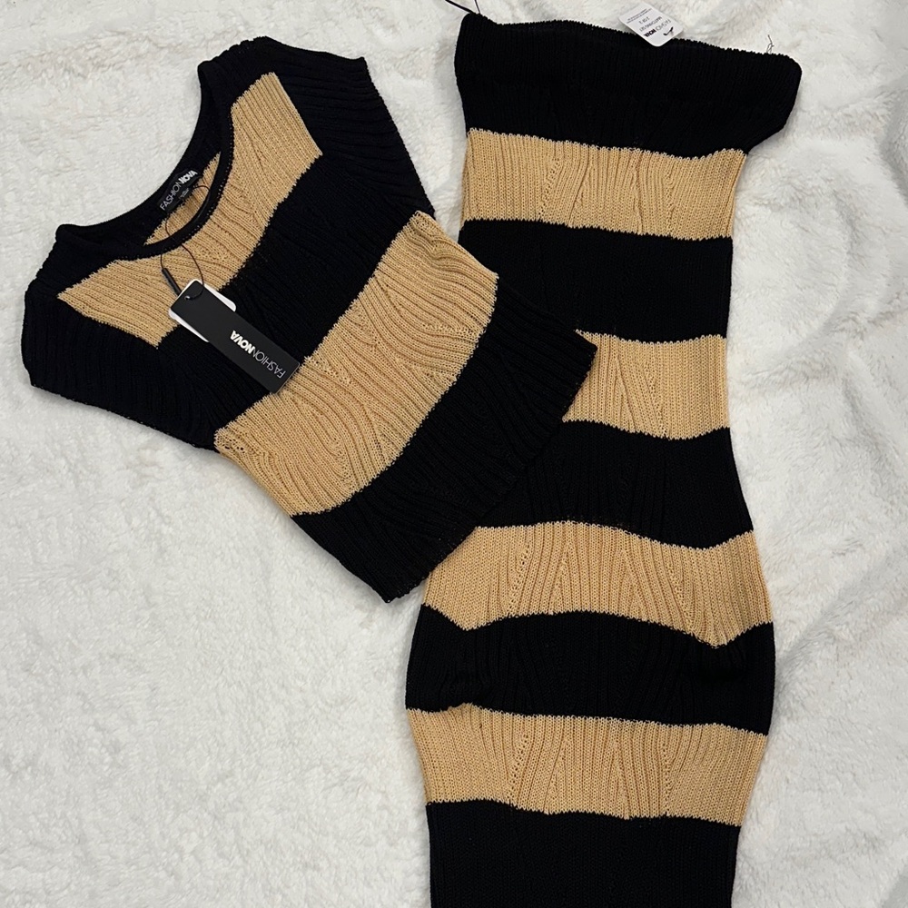 Fashion Nova Black and Tan Knit 2 Piece Set Small